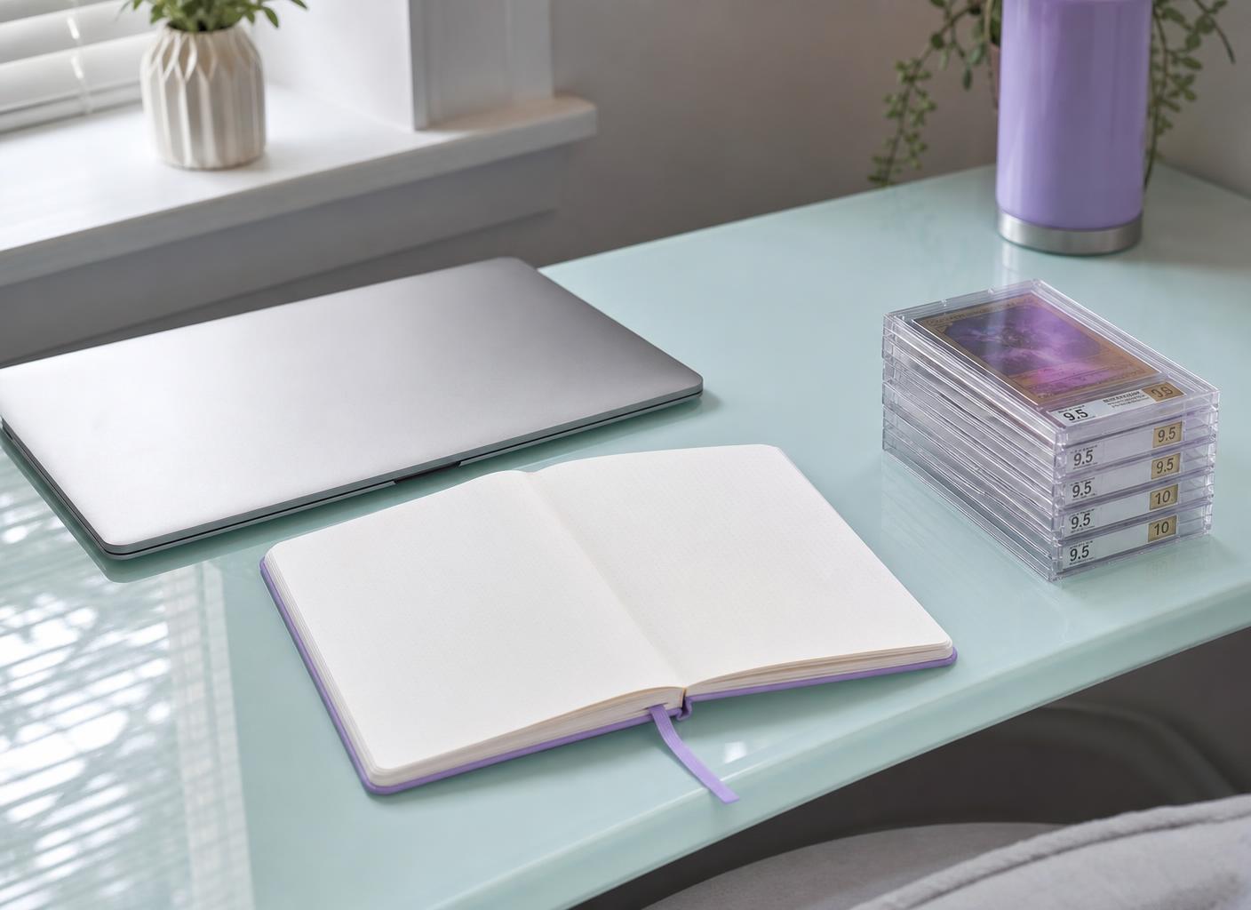 Quiet workspace with a laptop, mug and protective card case by a window
