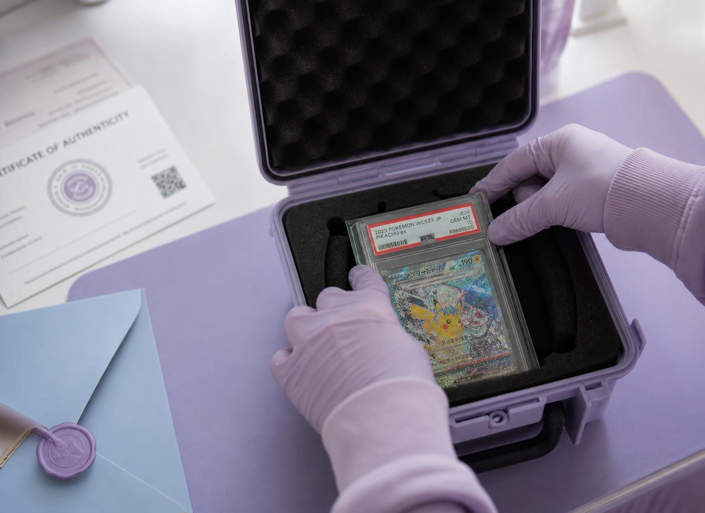 Gloved hands placing a graded trading card slab into a protective intake tray