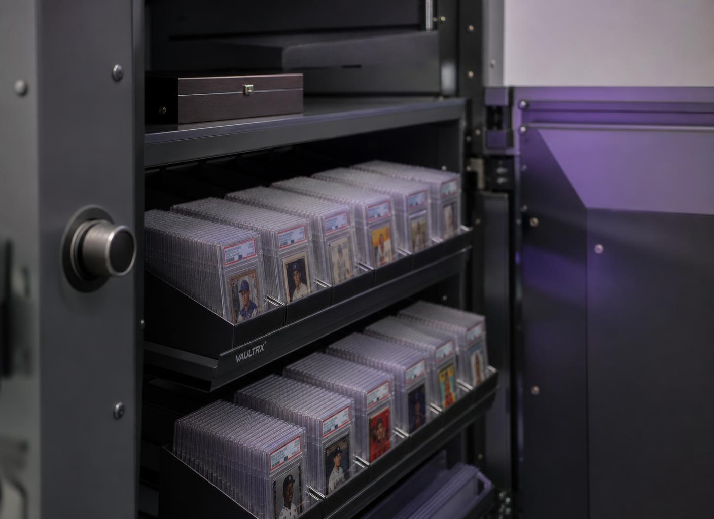 Shelves of graded trading card slabs held in secure archival storage