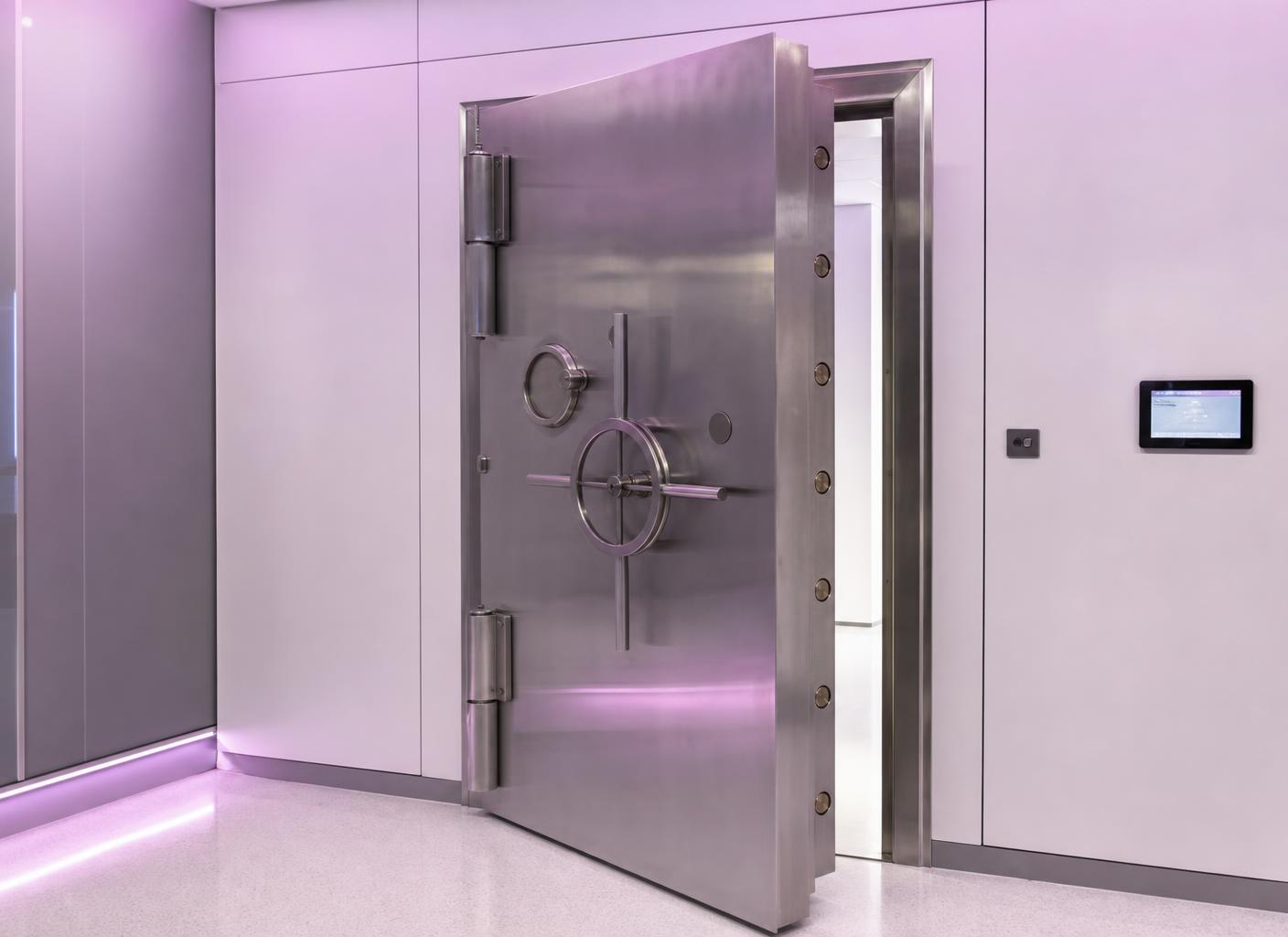 Brushed steel vault door in a clean secure storage room